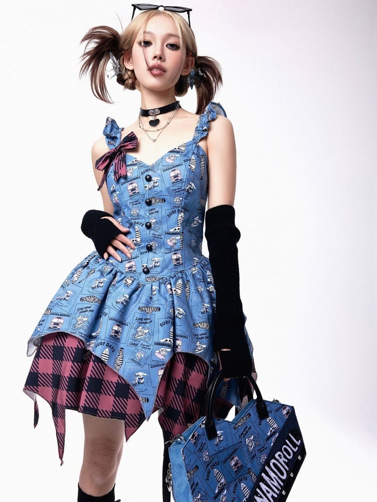 Cinnamoroll Print Blue Dress Plaid Pattern Handkerchief Hem