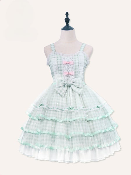 Icing Butterfly Cracker Green Plaid Tiered Ruffle Hem High Waist Jumper Skirt