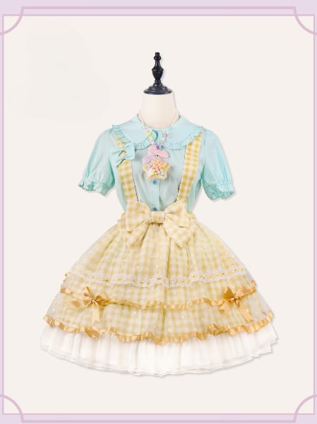 Icing Butterfly Cracker Yellow Gingham Pattern Bowknot Details Hem Overall Skirt