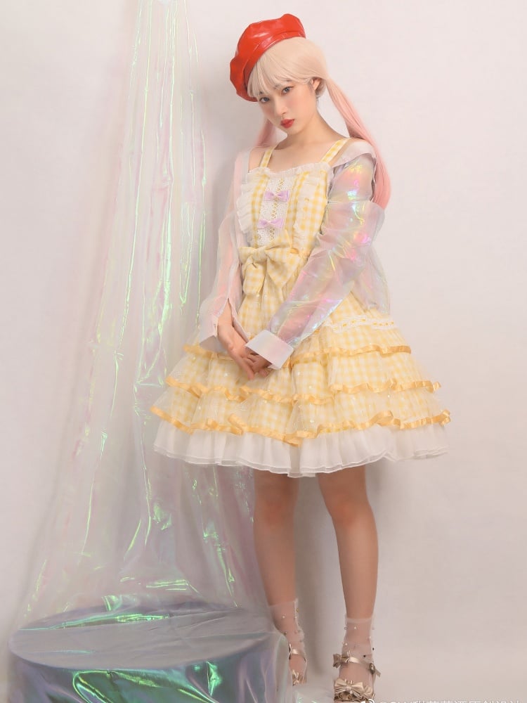 Icing Butterfly Cracker Yellow Gingham Tiered Ruffle Hem High Waist Jumper Skirt