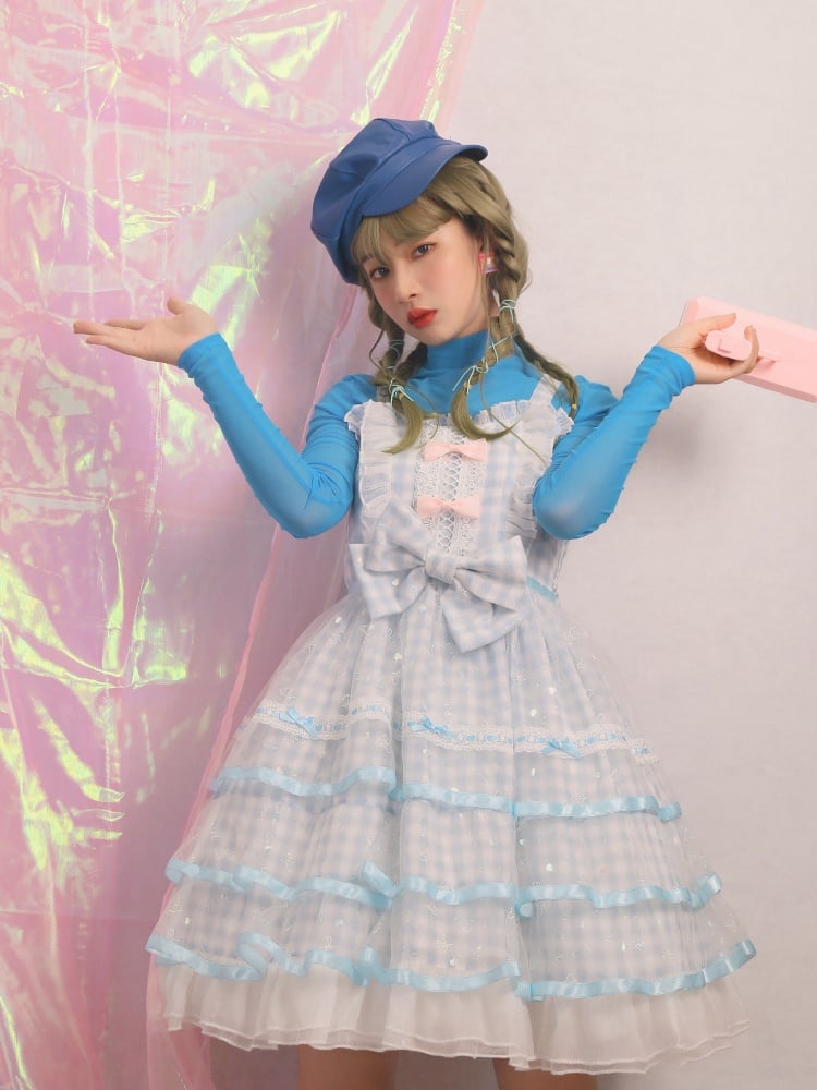 Icing Butterfly Cracker Blue Gingham Tiered Ruffle Hem High Waist Jumper Skirt