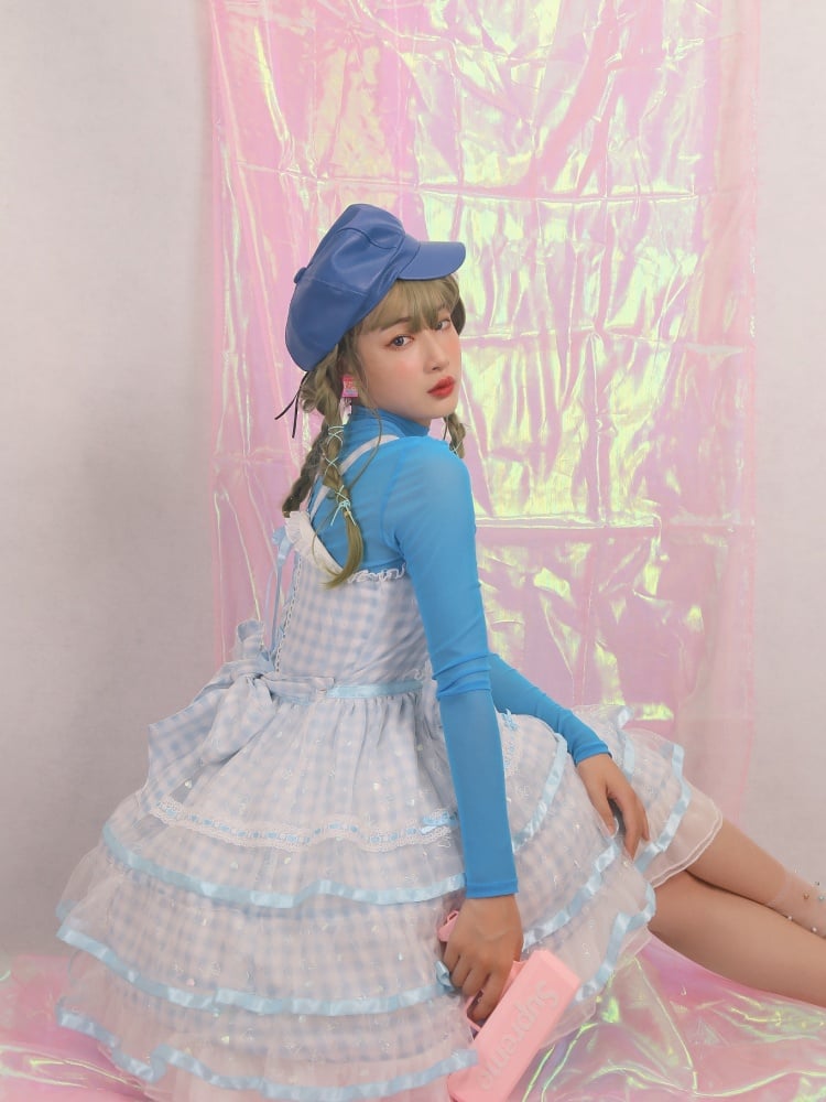 Icing Butterfly Cracker Blue Gingham Tiered Ruffle Hem High Waist Jumper Skirt