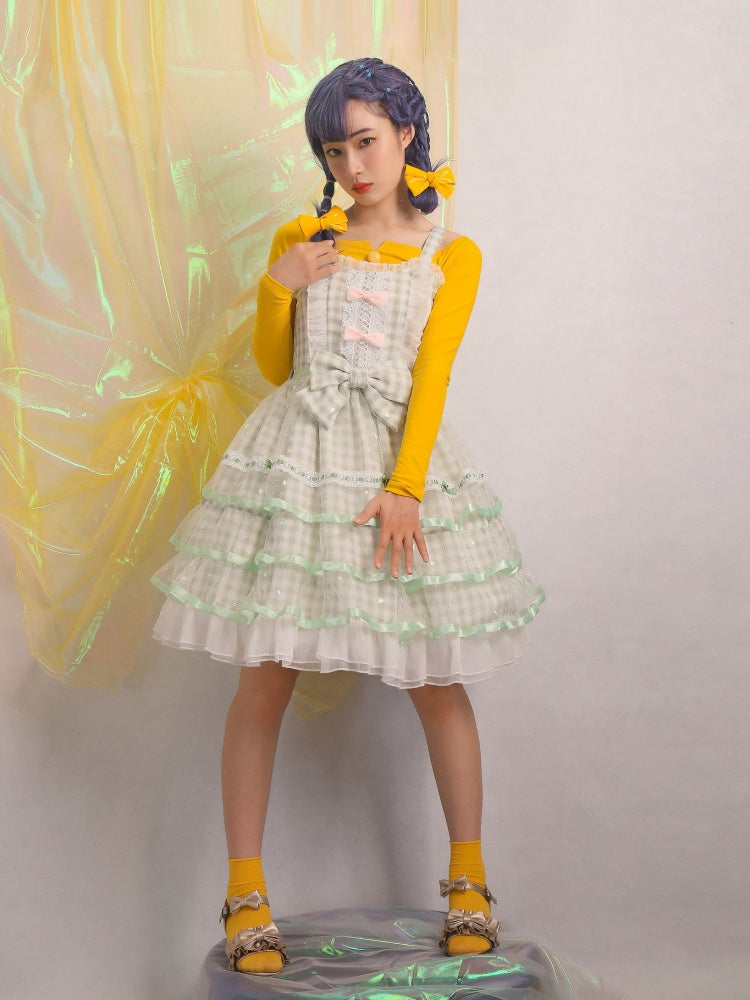 Icing Butterfly Cracker Green Plaid Tiered Ruffle Hem High Waist Jumper Skirt
