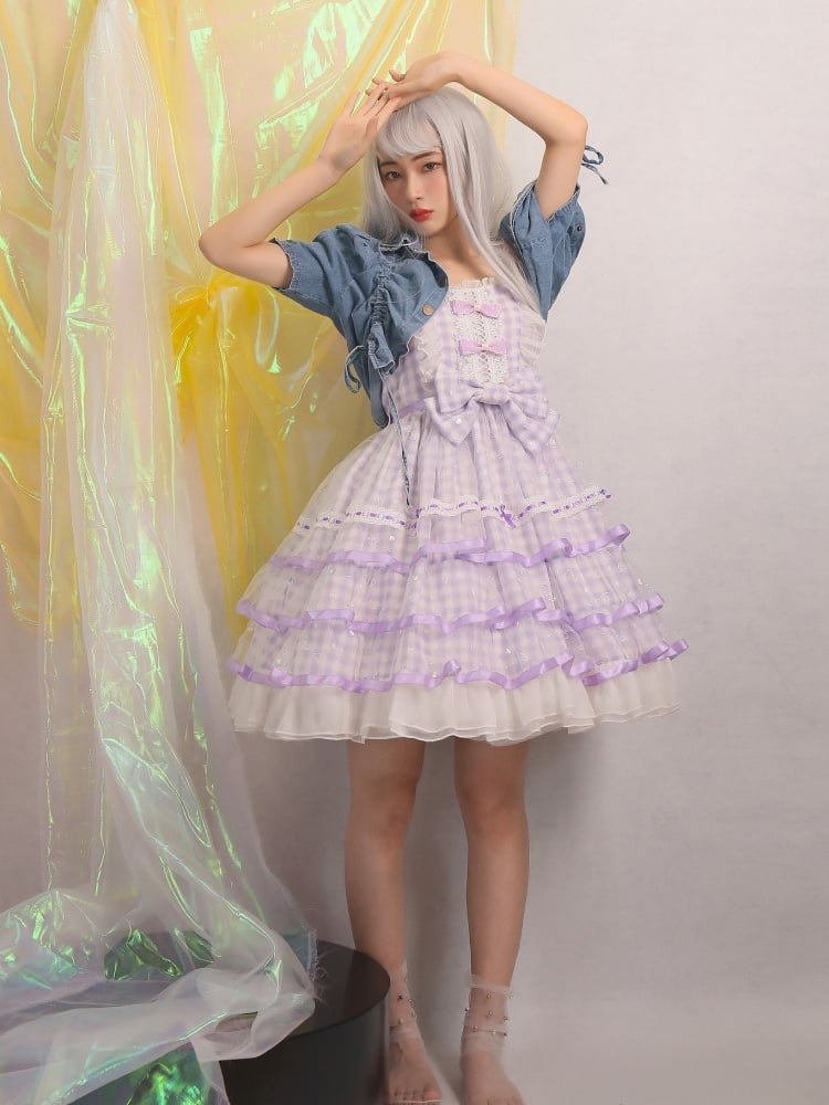 Icing Butterfly Cracker Purple Gingham Tiered Ruffle Hem High Waist JSK