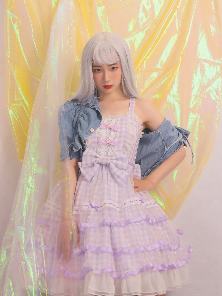 Icing Butterfly Cracker Purple Gingham Tiered Ruffle Hem High Waist JSK