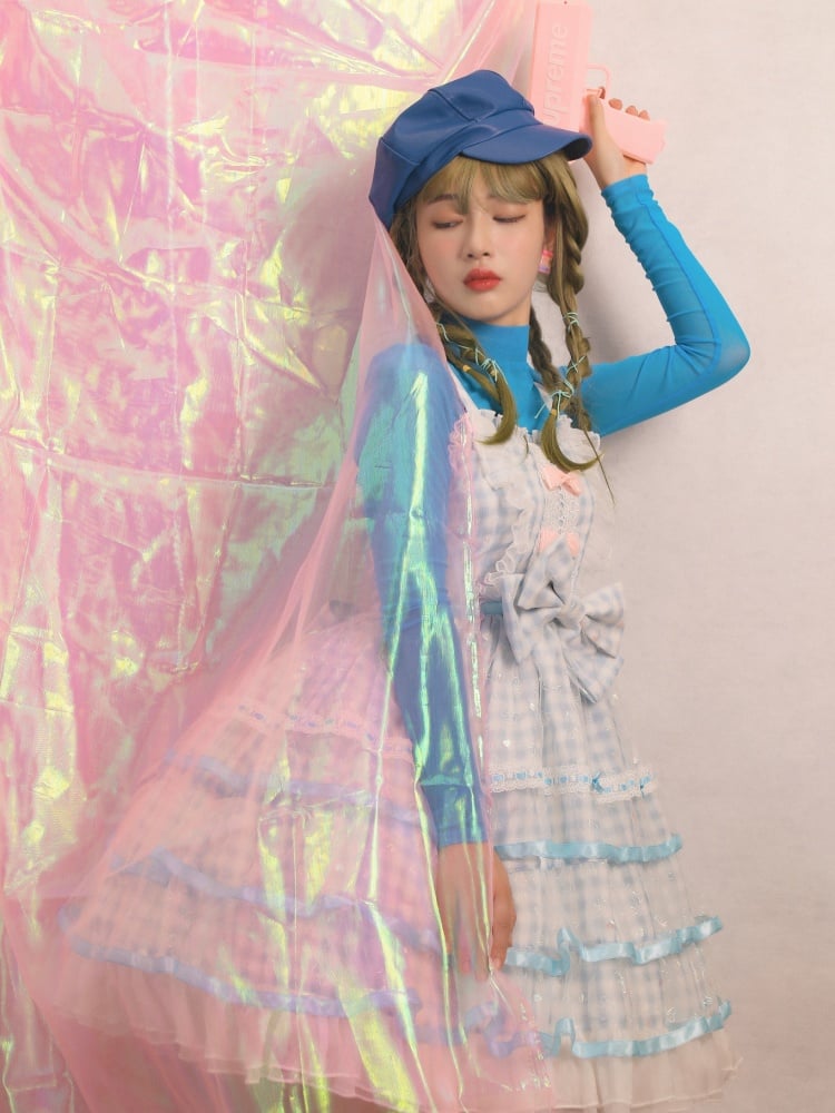Icing Butterfly Cracker Blue Gingham Tiered Ruffle Hem High Waist Jumper Skirt