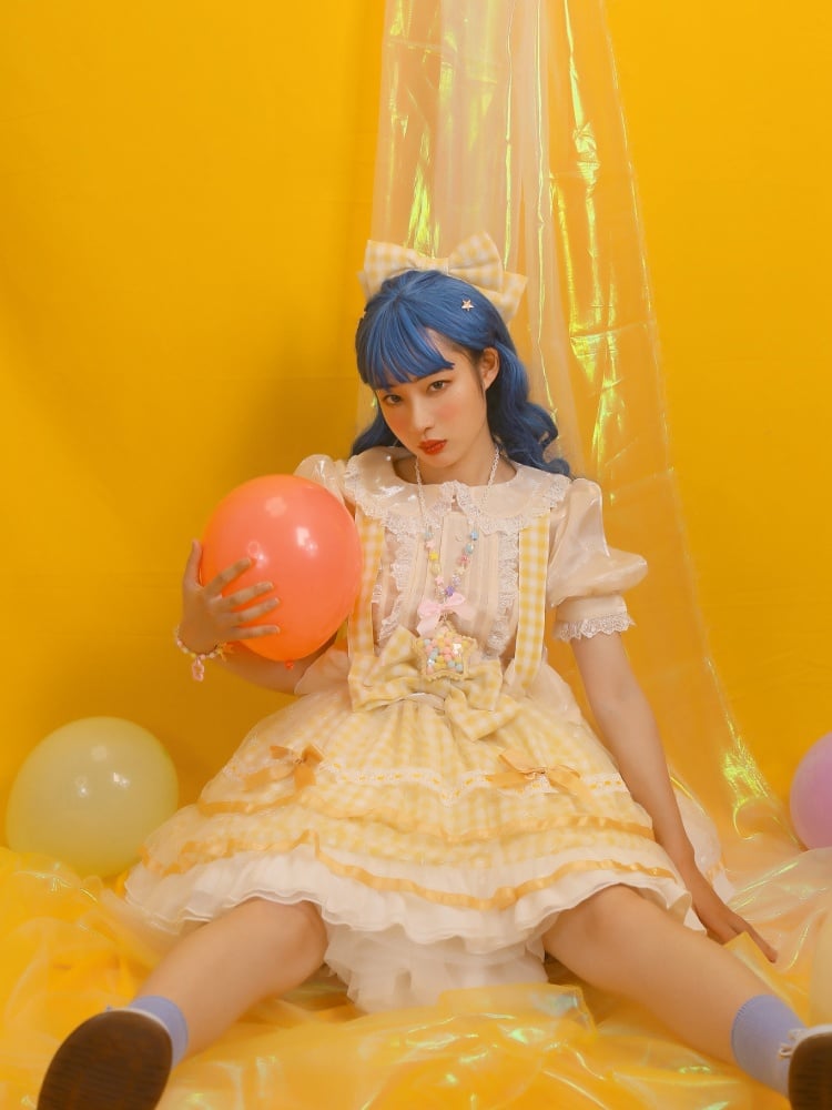 Icing Butterfly Cracker Yellow Gingham Pattern Bowknot Details Hem Overall Skirt