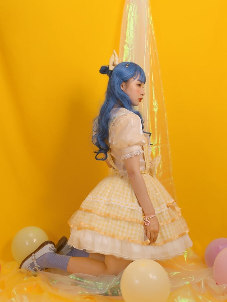 Icing Butterfly Cracker Yellow Gingham Pattern Bowknot Details Hem Overall Skirt