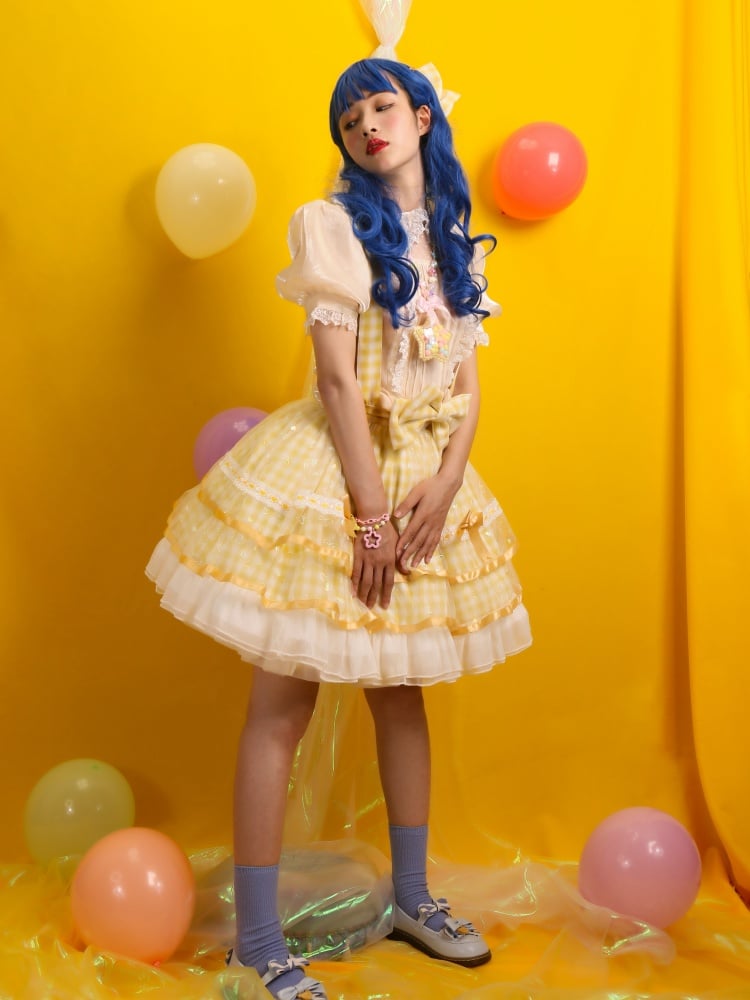 Icing Butterfly Cracker Yellow Gingham Pattern Bowknot Details Hem Overall Skirt