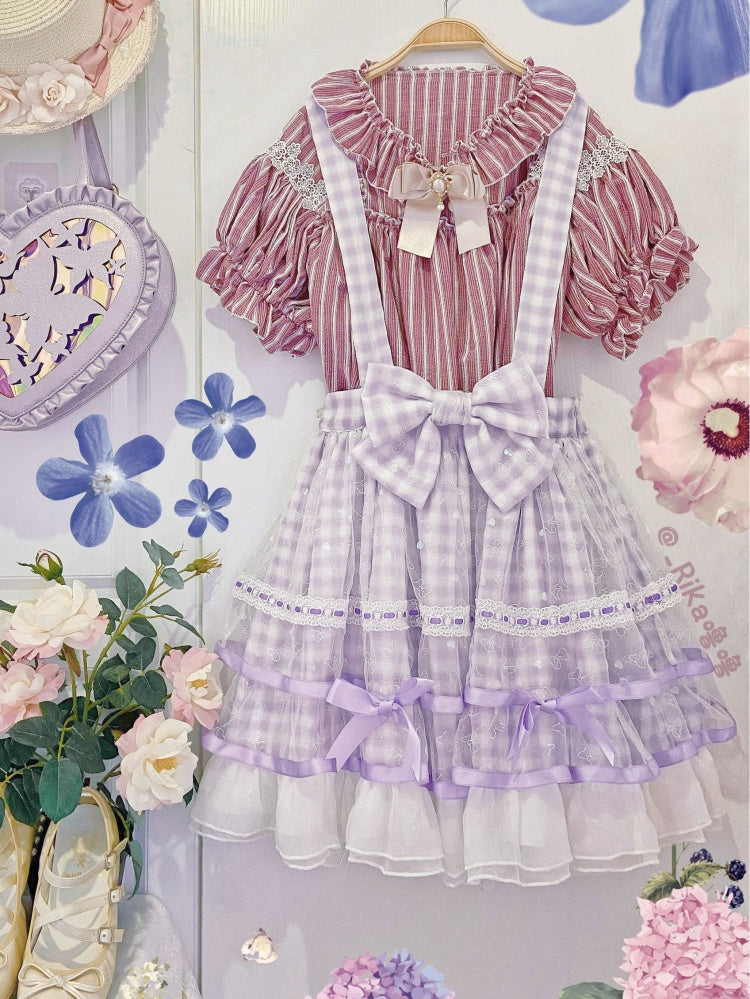 Icing Butterfly Cracker Purple Plaid Pattern Bowknot Details Hem Overalls