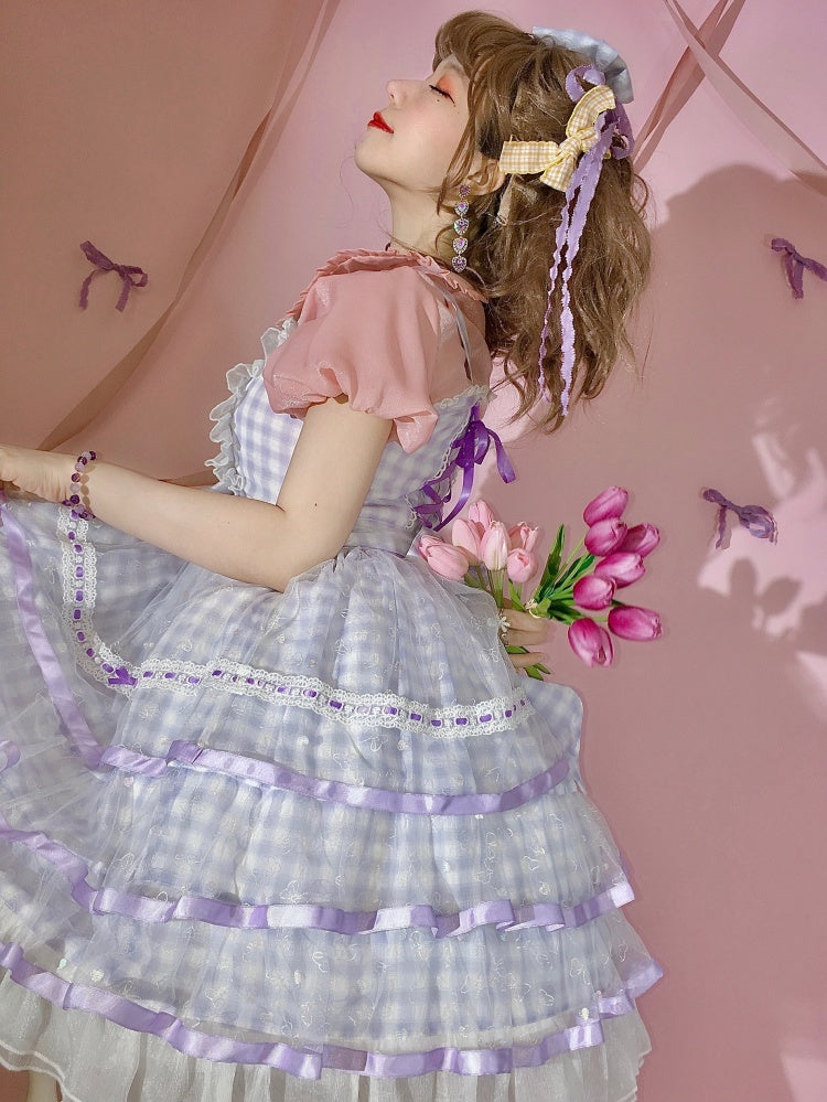 Icing Butterfly Cracker Purple Gingham Tiered Ruffle Hem High Waist JSK