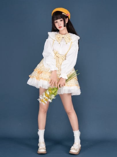 Icing Butterfly Cracker Yellow Gingham Pattern Bowknot Details Hem Overall Skirt