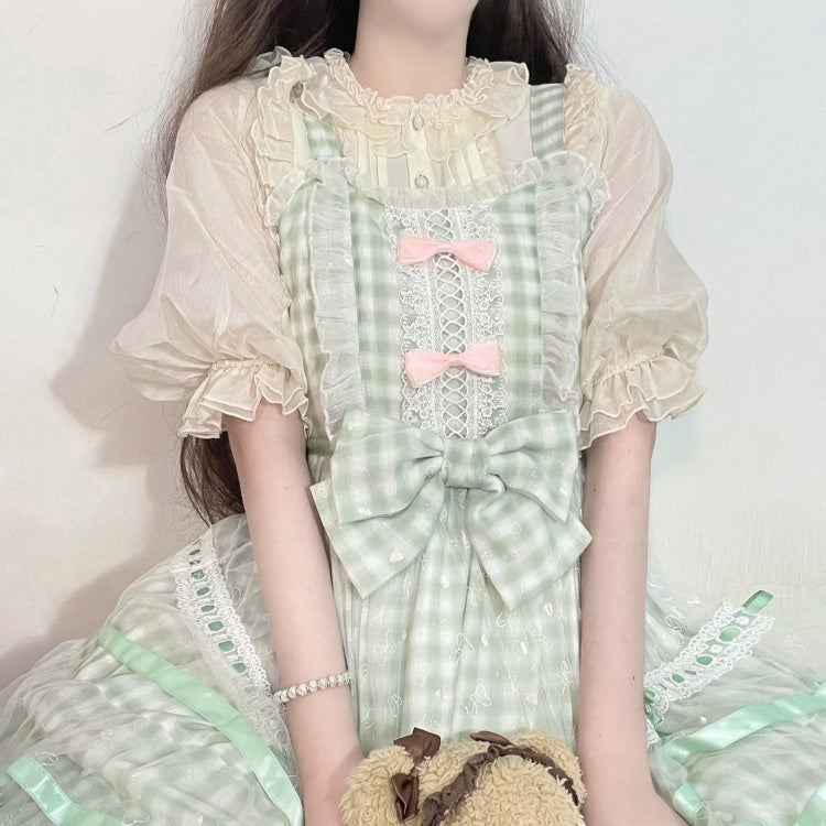 Icing Butterfly Cracker Green Plaid Tiered Ruffle Hem High Waist Jumper Skirt