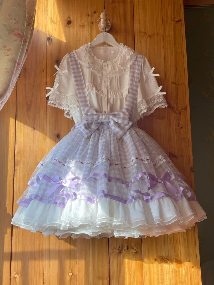 Icing Butterfly Cracker Purple Plaid Pattern Bowknot Details Hem Overalls