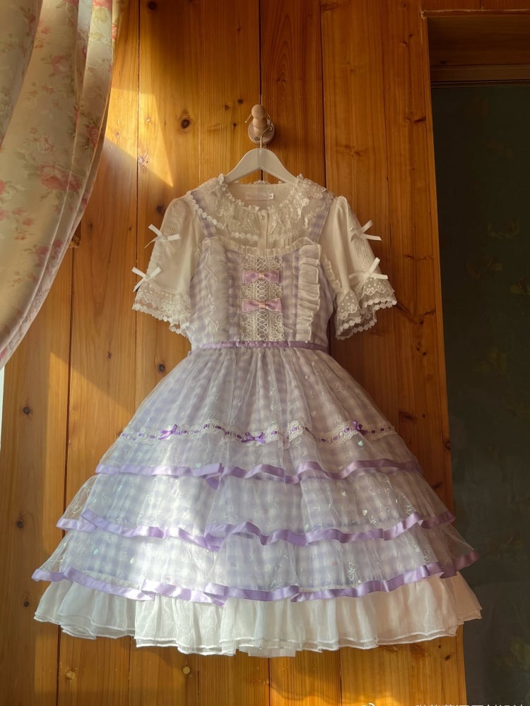 Icing Butterfly Cracker Purple Gingham Tiered Ruffle Hem High Waist JSK