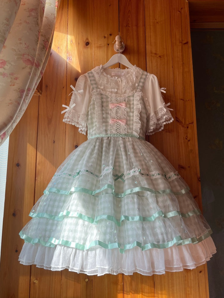 Icing Butterfly Cracker Green Plaid Tiered Ruffle Hem High Waist Jumper Skirt