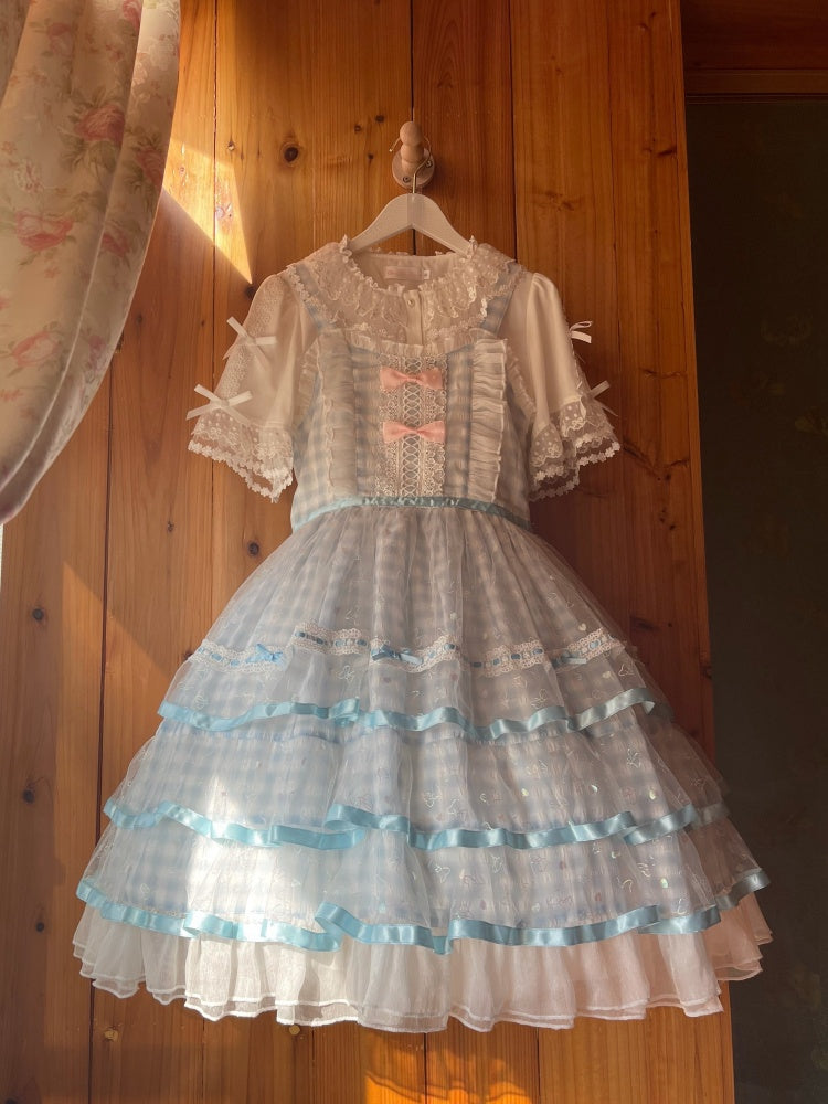 Icing Butterfly Cracker Blue Gingham Tiered Ruffle Hem High Waist Jumper Skirt