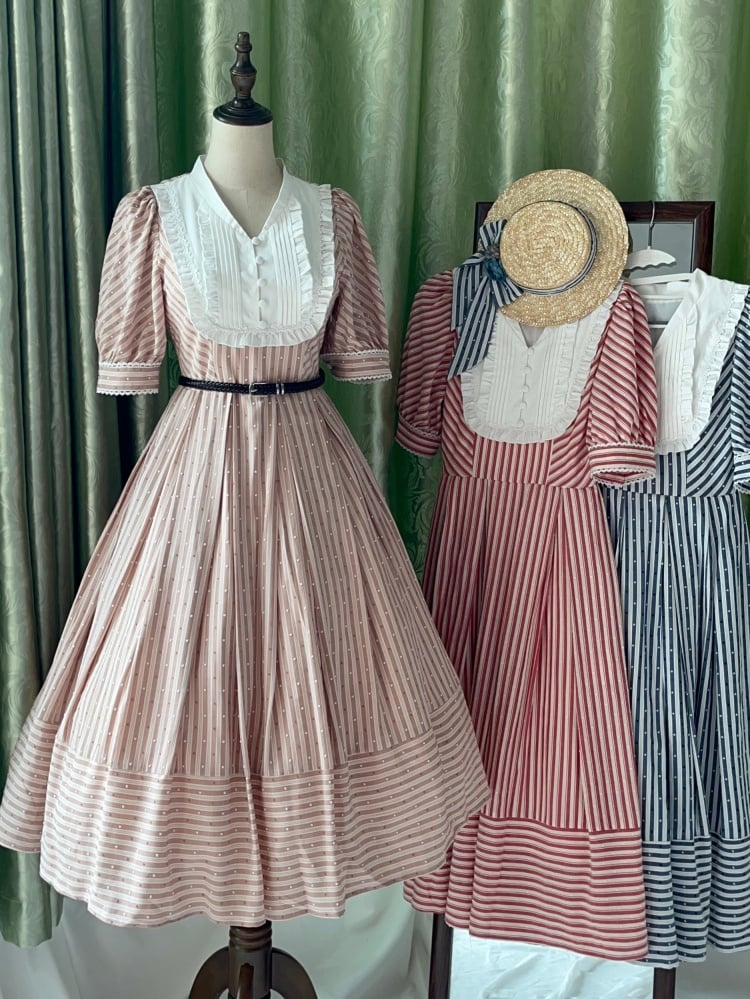 Three Colors Banded Collar Striped Pattern Short Sleeves One Piece