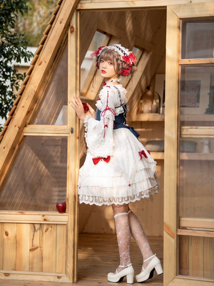 Snow White Bowknot Details Lace-up Bodice Ruffle Hem Jumper Skirt