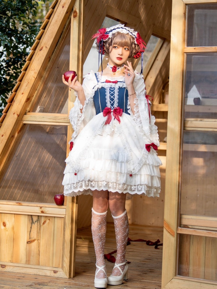 Snow White Bowknot Details Lace-up Bodice Ruffle Hem Jumper Skirt