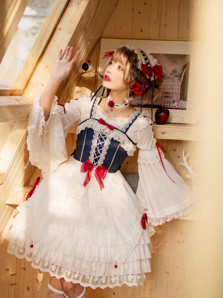 Snow White Bowknot Details Lace-up Bodice Ruffle Hem Jumper Skirt