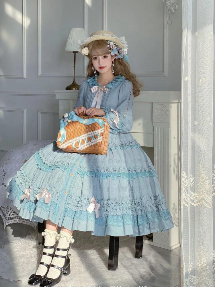 Tasha's Garden Blue Ruffle Design Long Sleeves One Piece