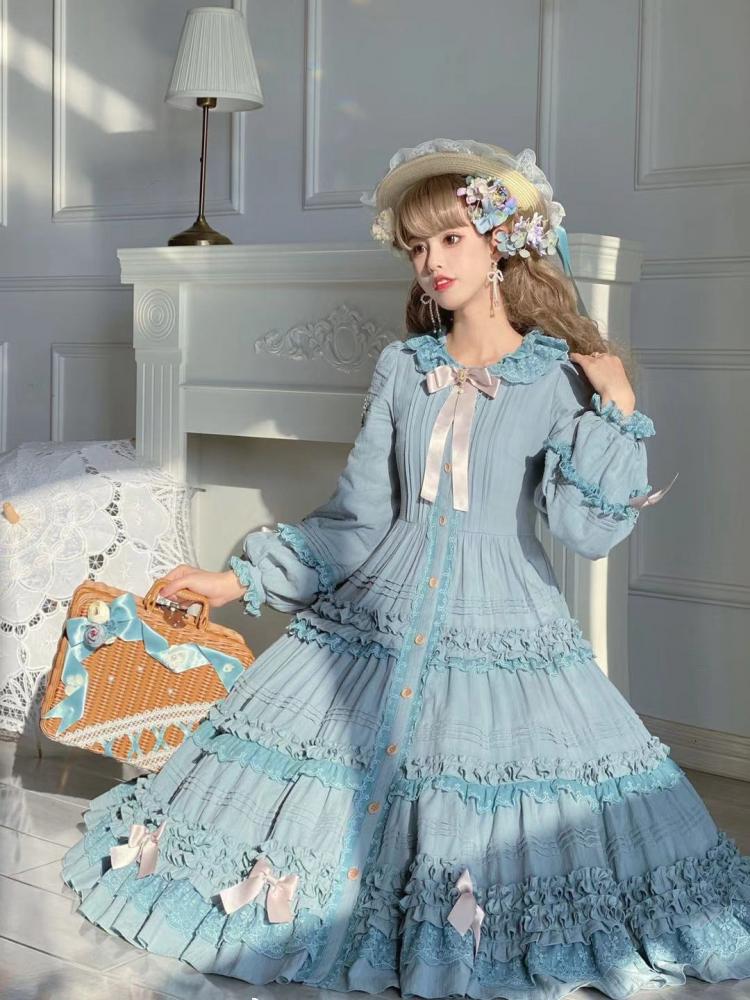 Tasha's Garden Blue Ruffle Design Long Sleeves One Piece