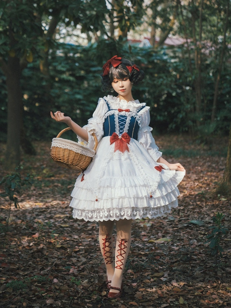 Snow White Bowknot Details Lace-up Bodice Ruffle Hem Jumper Skirt
