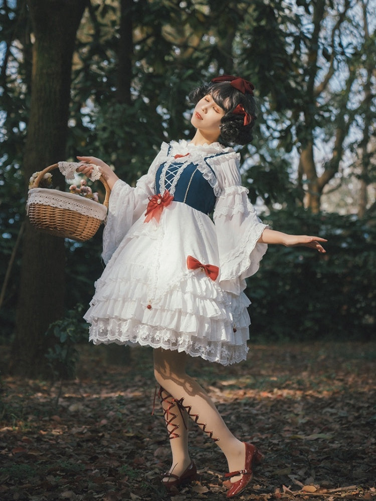 Snow White Bowknot Details Lace-up Bodice Ruffle Hem Jumper Skirt