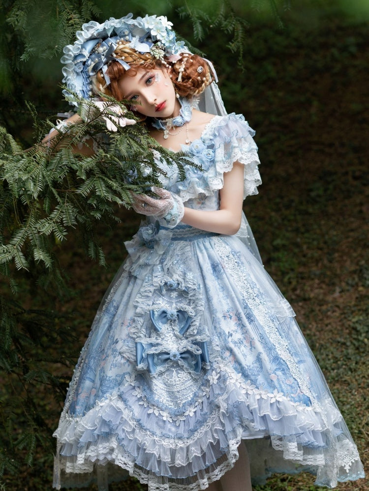 In Stock Key to the Fairyland Hime Lolita Dress Blue Flowy Short Lace Sleeves Lolita Dress Full Set