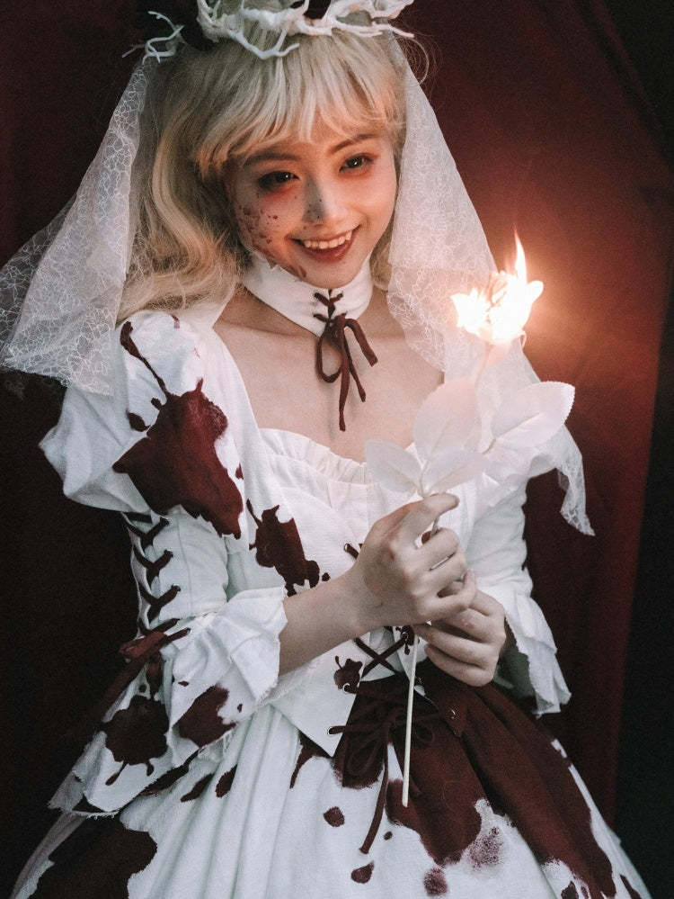 Romeo Collection White and Red Handkerchief Hem Lace-up Details Long Sleeves One Piece