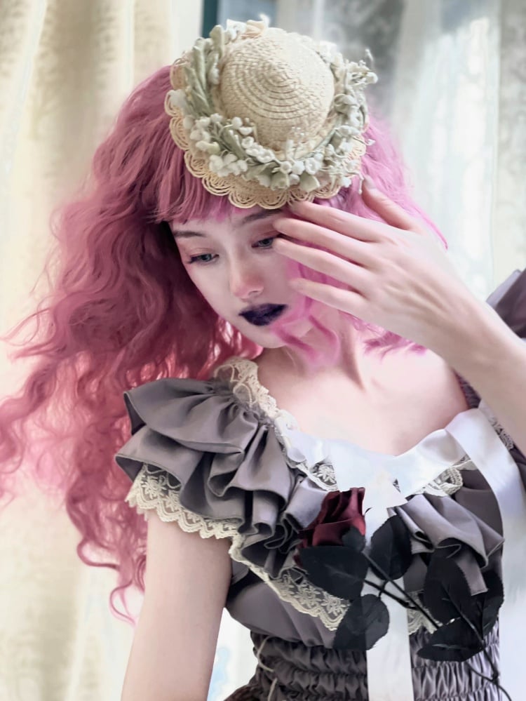 Pink Long Curly Synthetic Wig with Bangs