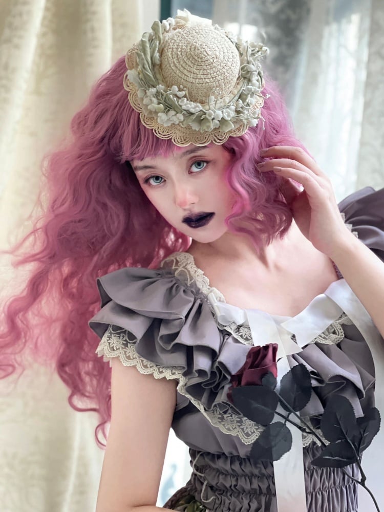 Pink Long Curly Synthetic Wig with Bangs