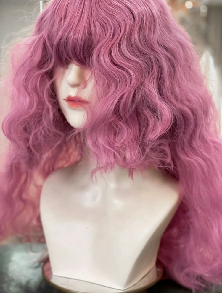 Pink Long Curly Synthetic Wig with Bangs