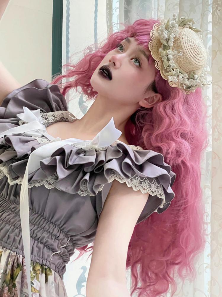 Pink Long Curly Synthetic Wig with Bangs