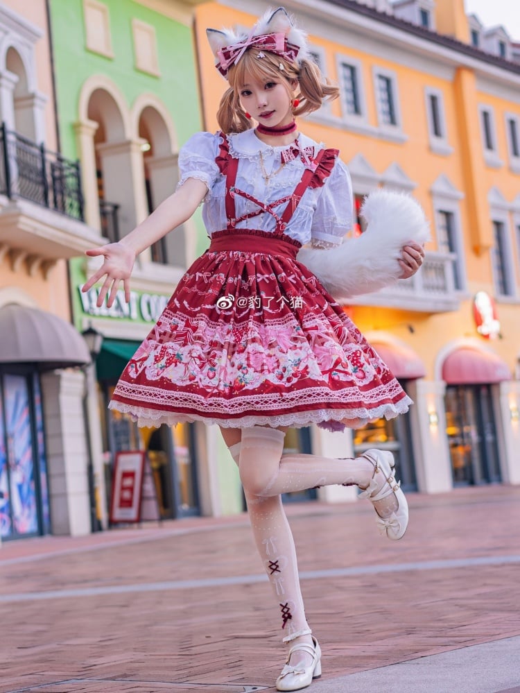 Red Bunny Strawberry Print Sweet Overall Dress+White Peter Pan Collar Blouse Set