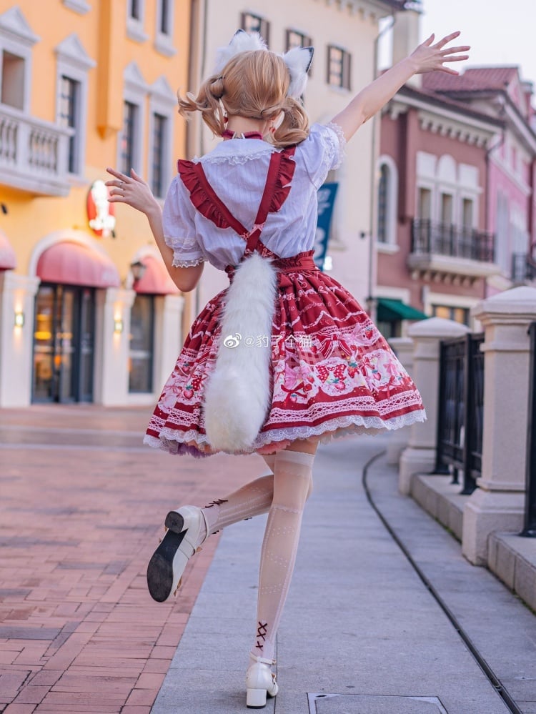 Red Bunny Strawberry Print Sweet Overall Dress+White Peter Pan Collar Blouse Set