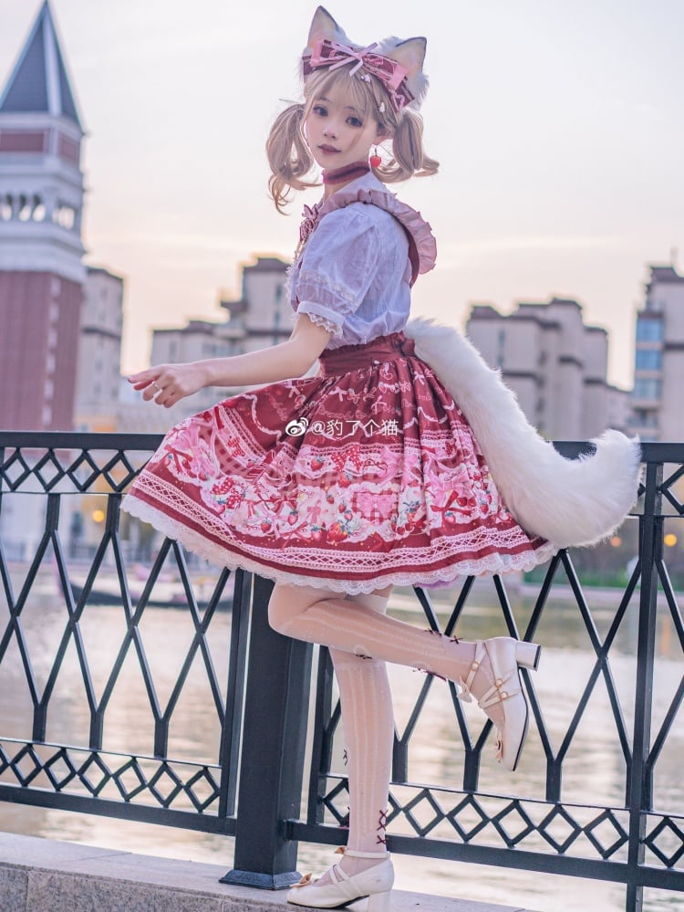 Red Bunny Strawberry Print Sweet Overall Dress+White Peter Pan Collar Blouse Set