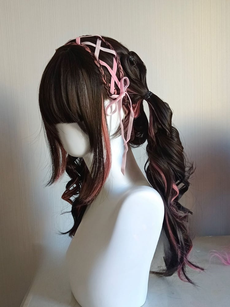 Pink Ribbons Braided Double Ponytails Synthetic Wig Black and Pink