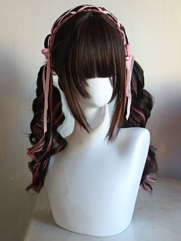 Pink Ribbons Braided Double Ponytails Synthetic Wig Black and Pink