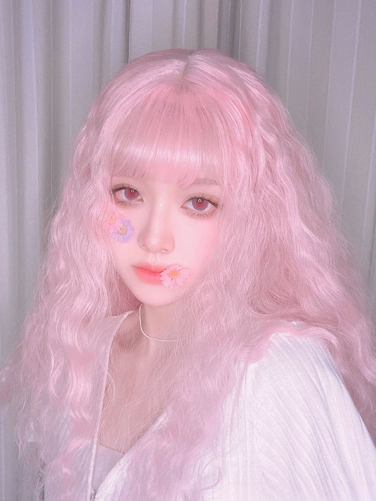 Sakura Pink Long Curly Bangs Synthetic Wig