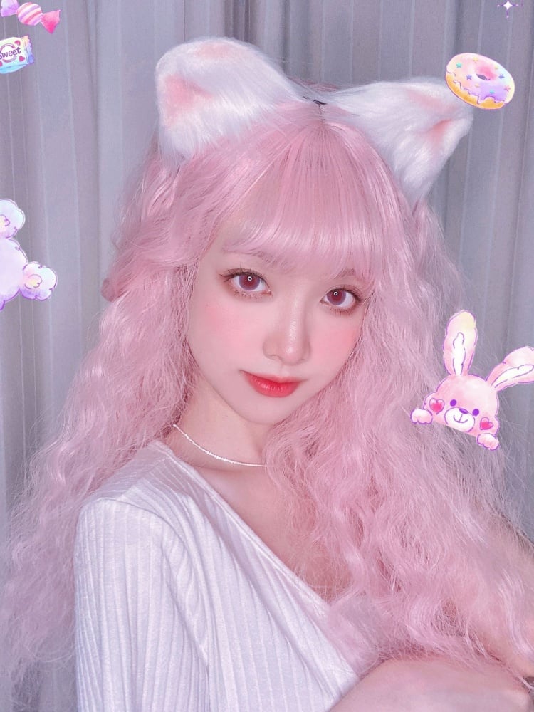 Sakura Pink Long Curly Bangs Synthetic Wig