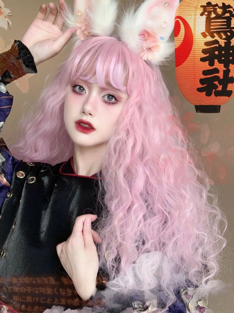 Sakura Pink Long Curly Bangs Synthetic Wig