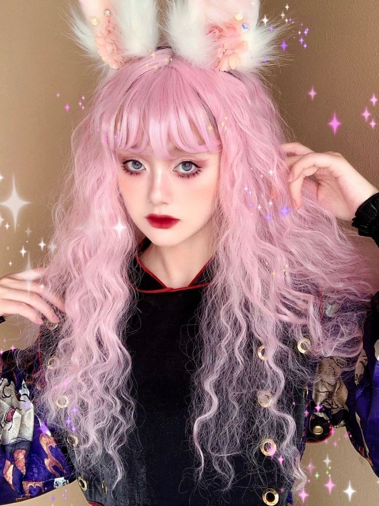 Sakura Pink Long Curly Bangs Synthetic Wig