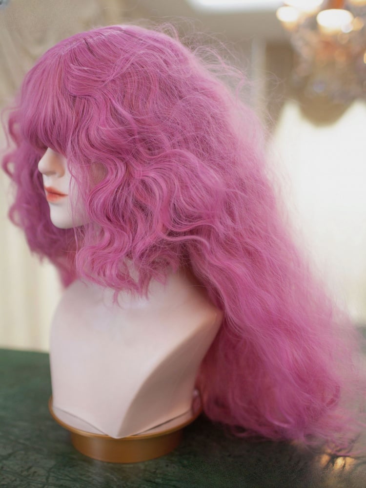 Pink Long Curly Synthetic Wig with Bangs