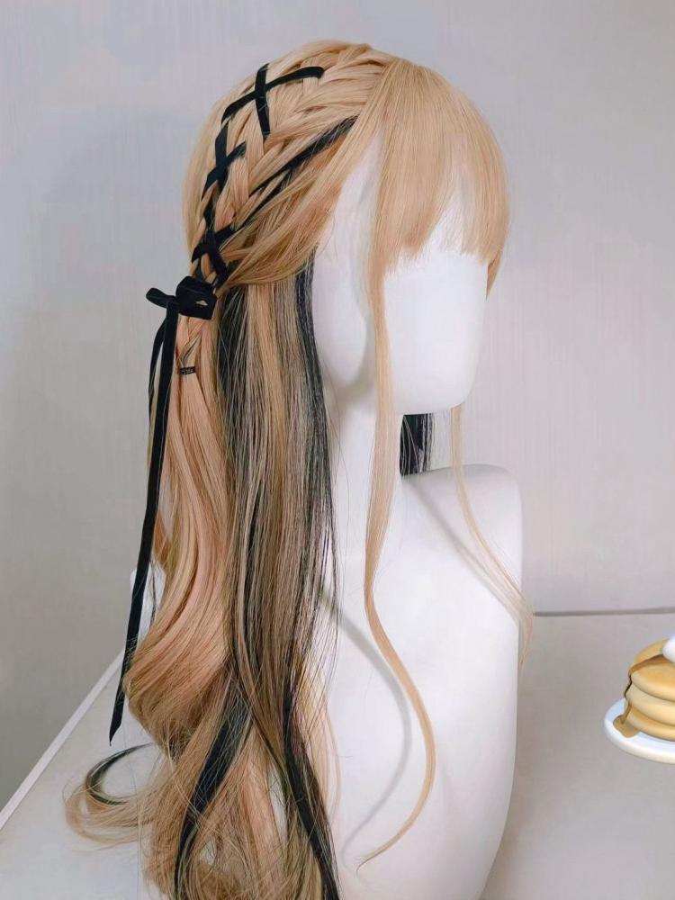 Ribbons Braided Long Wavy Wig Blonde and Black/Black and Pink