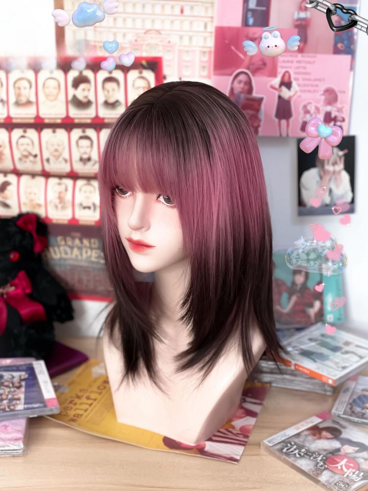 Pink and Black Ombre Synthetic Wig with Bangs