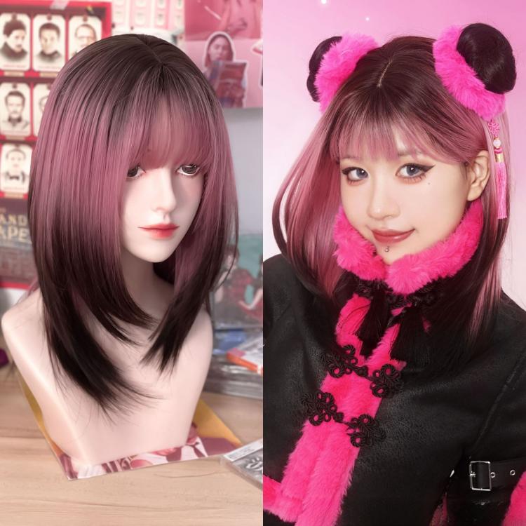 Pink and Black Ombre Synthetic Wig with Bangs