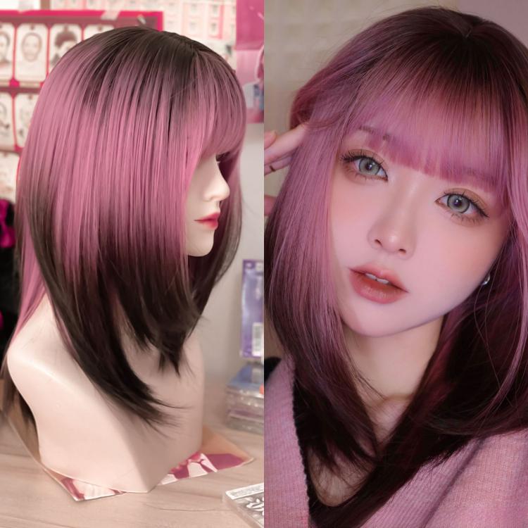 Pink and Black Ombre Synthetic Wig with Bangs