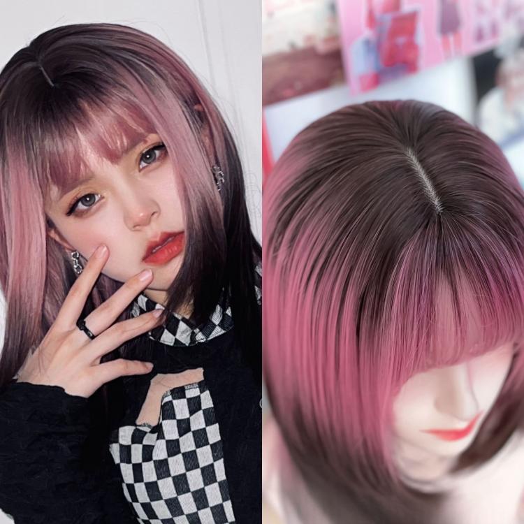 Pink and Black Ombre Synthetic Wig with Bangs